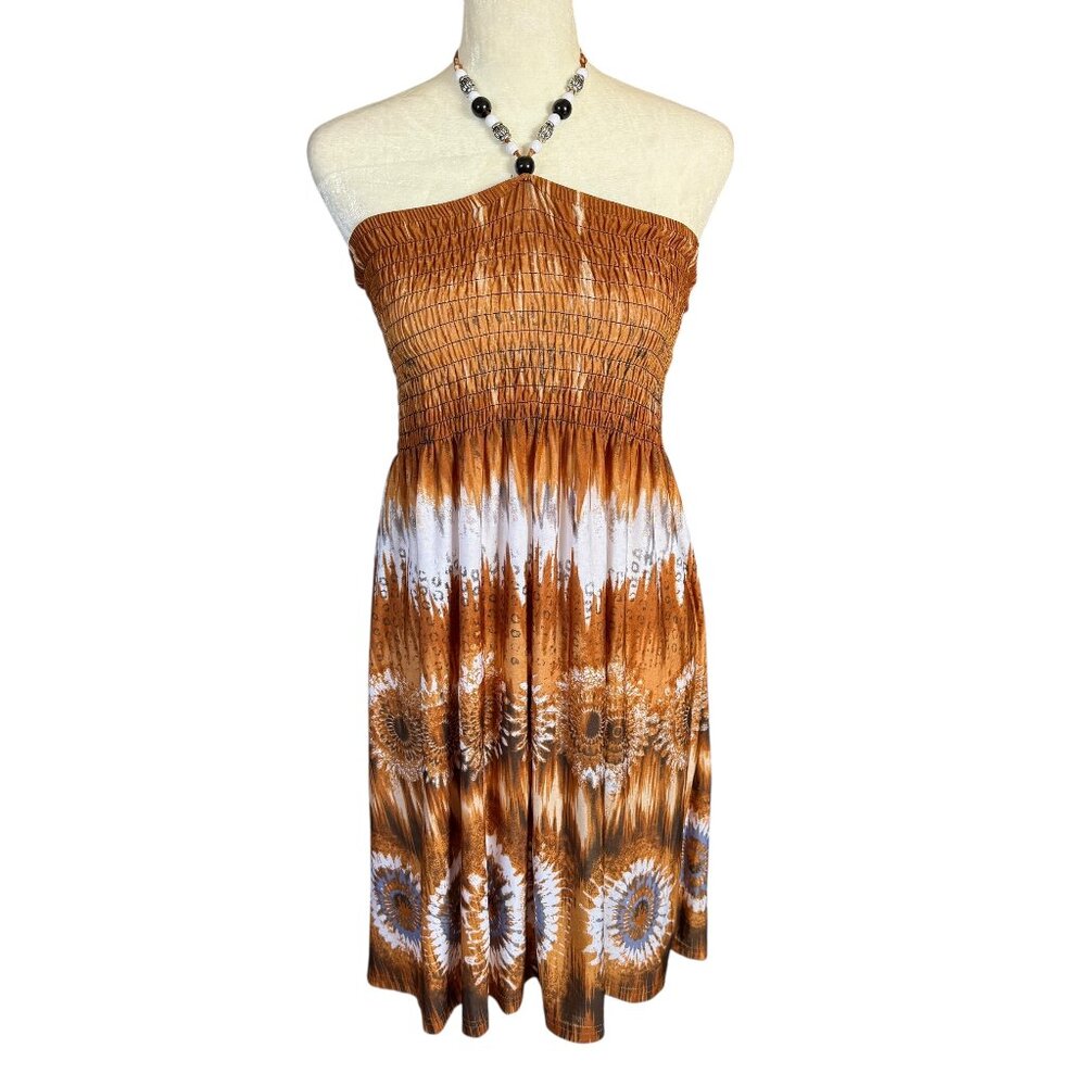 Paradise Contour brown white blue African print beaded tie dress size large